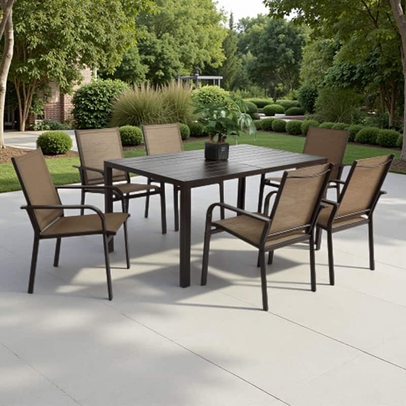 7-Piece Outdoor Patio Dining Set with Rectangular Steel Table and 6 Breathable Textilene Stackable Chairs
