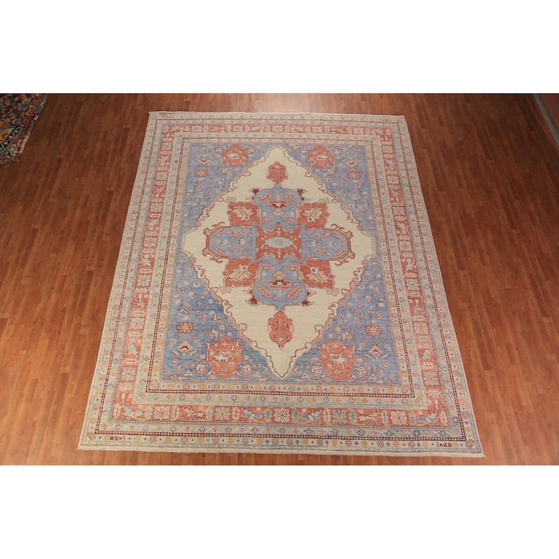 Vegetable Dye Heriz Serapi Oriental Rug Hand-Knotted Beige Wool Carpet - 10'1"x 12'8"