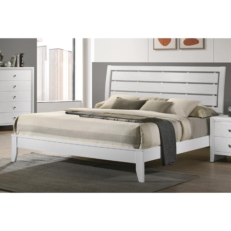 King Size White Panel Bed with Geometric Design and Softly Curved Headboard