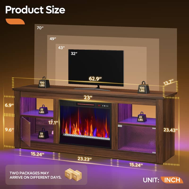 Bestier 63 in. Freestanding Media Console Electric Fireplace TV Stand Fits TV's Up to 70 in. with Cabinet - 62 inches