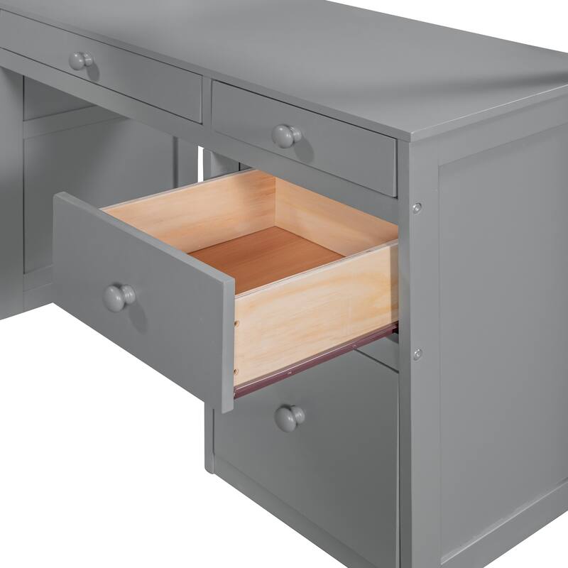 Twin Size Loft Bed with Ladder, Shelves, Solid Wood Loft Bed Frame with 4-Drawers Desk, Box Spring No Required