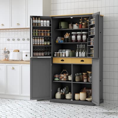 Buffet Sideboard Kitchen Pantry with 2 Drawers, 2 Adjustable Shelves & 8 Door Shelves, Dining High Storage Cabinet, Gray