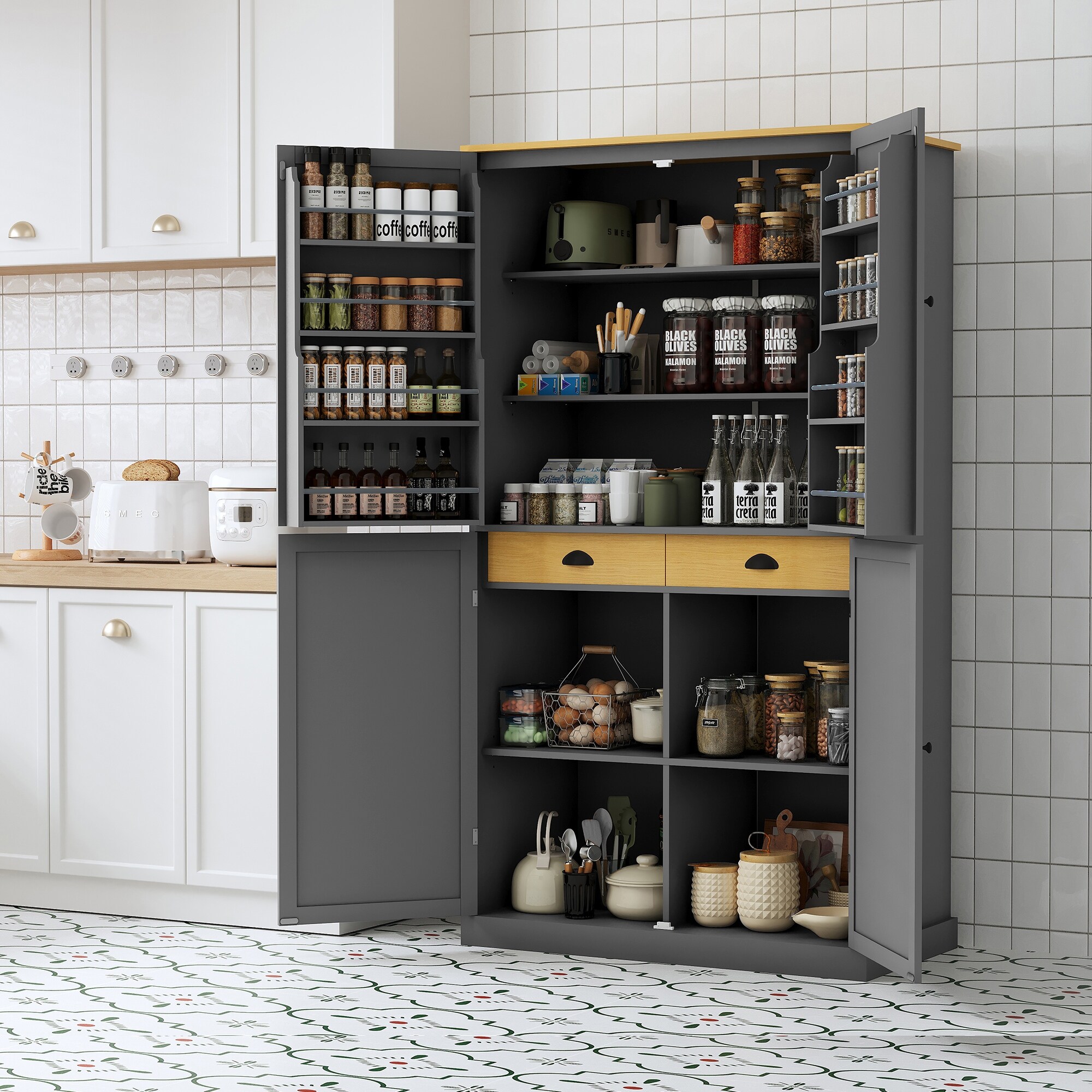 Freestanding Kitchen Pantry with 2 Drawers, Storage Cabinet with 8 Door Shelves, Cabinets with 2 Adjustable Shelves
