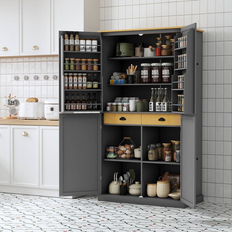 Kitchen Pantry with 2 Drawers, 2 Adjustable Shelves and 8 Door Shelves - Grey