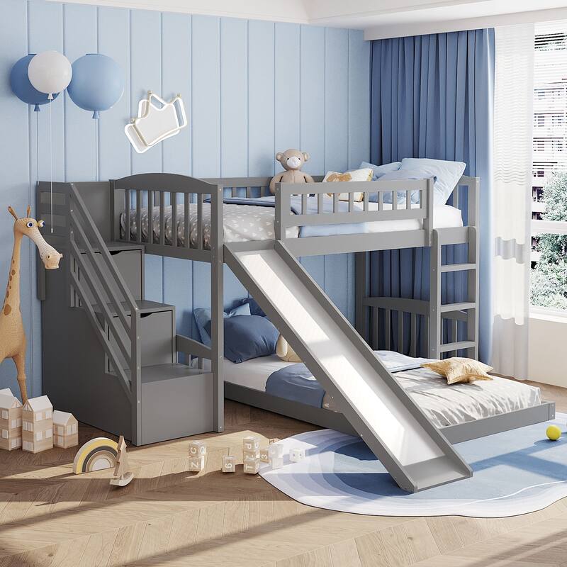 Merax Twin over Twin Bunk Bed with Storage Stairway and Slide - Grey