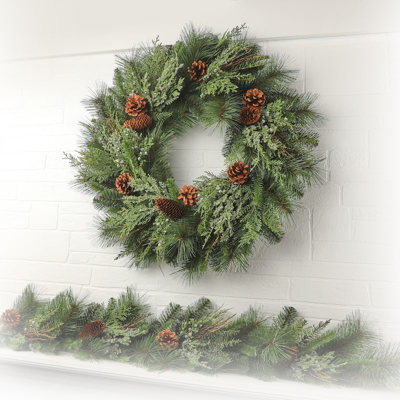 30" Juniper Berry/Pine/Cones Wreath - Green Brown - 30-Inch