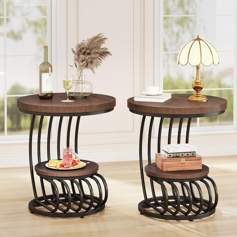 2 Tiers Round End Table with Storage Shelf