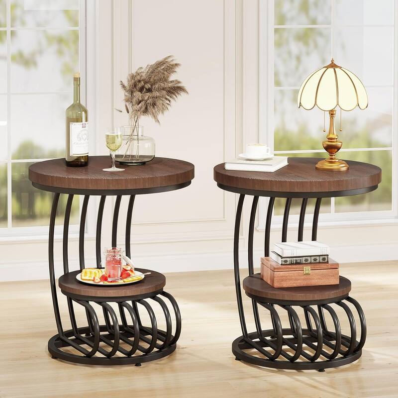Round End Table, 2 Tiers Side Table for Living Room Bedroom - 2 pcs - Brown