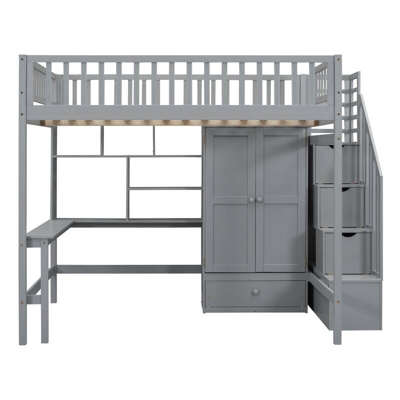 Wooden Full size Loft Bed with Bookshelf,Drawers,Desk,and Wardrobe