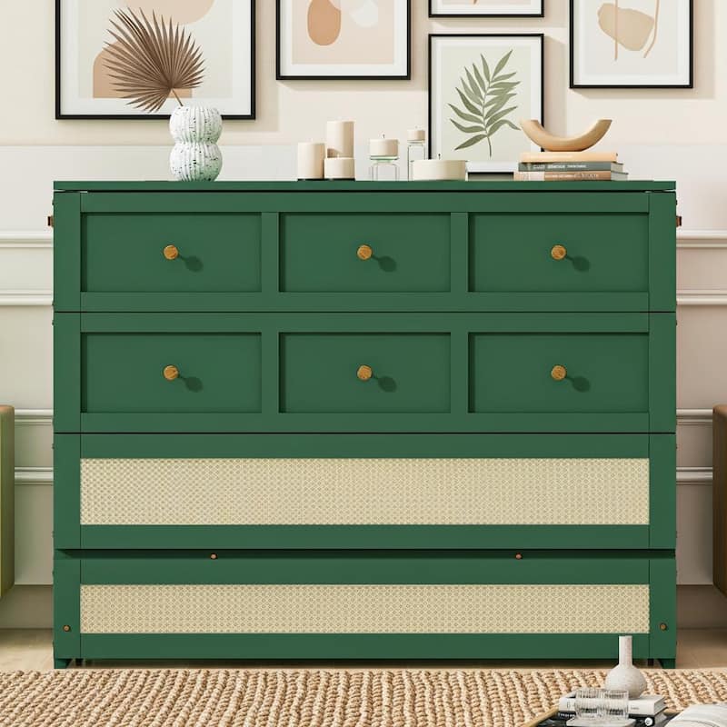 Convertible Full Size Murphy Bed Cabinet with Rattan Accents and Storage Drawer by Harper&Bright Designs - Green