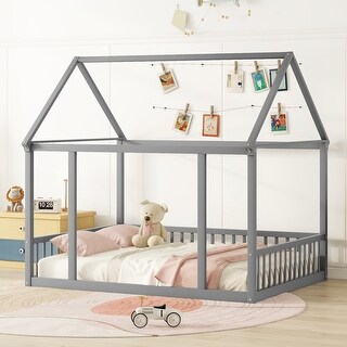 Gray Full Size Pine Wood Floor Bed with House Roof & Guardrails