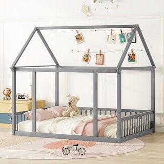 Gray Full Size Pine Wood Floor Wooden Bed with House Roof Frame and Safety Guardrails