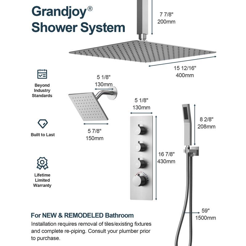 Dual Heads 16" Rainfall & High Pressure 6" Shower System w/ 3 Way Thermostatic Faucet 