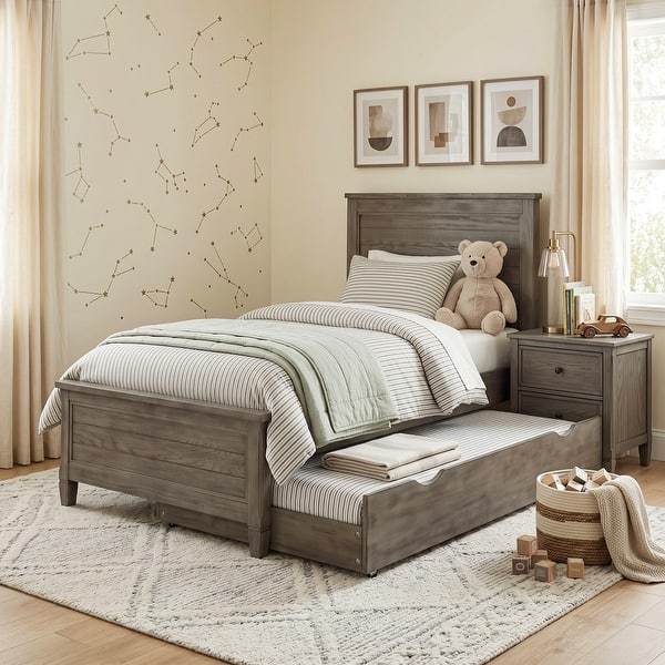 slide 2 of 19, Furniture of America Lanister 2-Piece Wood Wire-Brushed Warm Grey Kids Panel Bed and Nightstand Set with Trundle Full