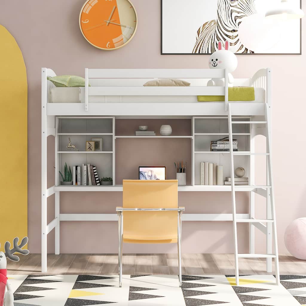 Twin size Loft Bed with Storage Shelves, Desk and Ladder
