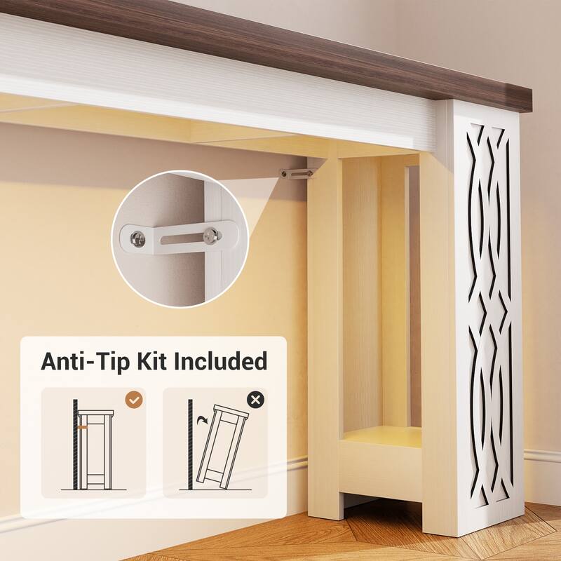 47" Farmhouse Console Table with RGB LED Light ＆ Power Outlets, Unique Carved Design Farmhouse Entryway Table Sofa Table