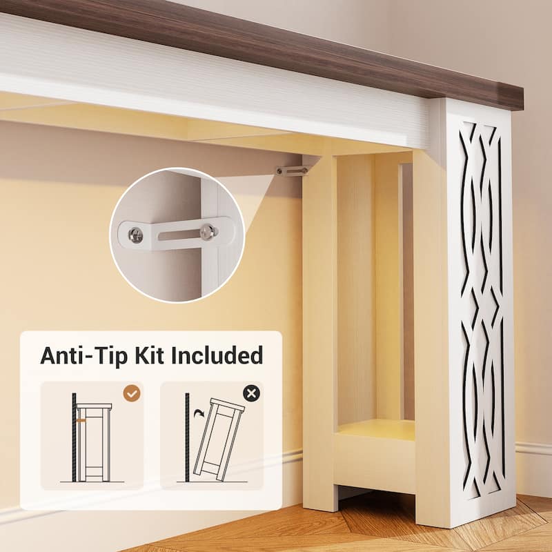 63" Farmhouse Console Table with RGB LED Lights ＆ Power Outlets, Unique Carved Design Entryway Table, Wooden Sofa Table
