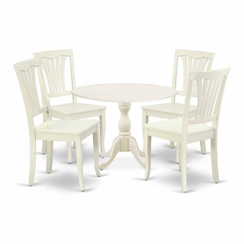 HomeStock 5-Pc Linen White Finish Solid Wood Top Dining table with 4 Chairs with Drop Leaf Slat Back
