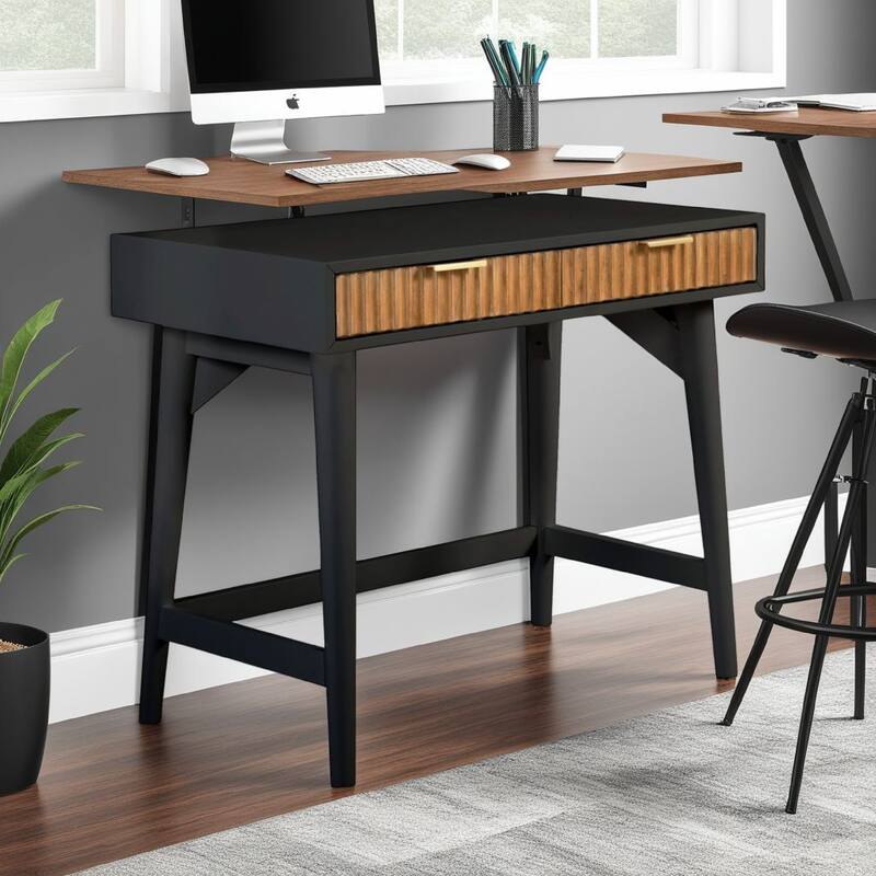 Eli 36 Inch 2 Drawer Home Office Desk, Mahogany Wood, Black, Brown