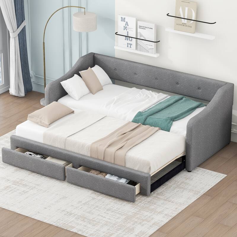 Twin XL to King Upholstered Daybed with Two Storage Drawers, Expandable Design, No Box Spring Required