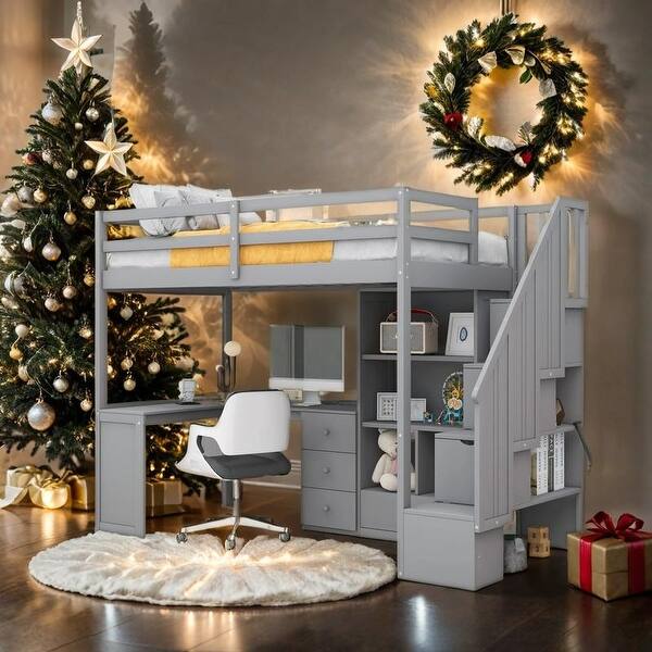 slide 2 of 37, Twin Size Loft Bed with Desk and Drawers, Cabinet and Staircase, Gray Grey