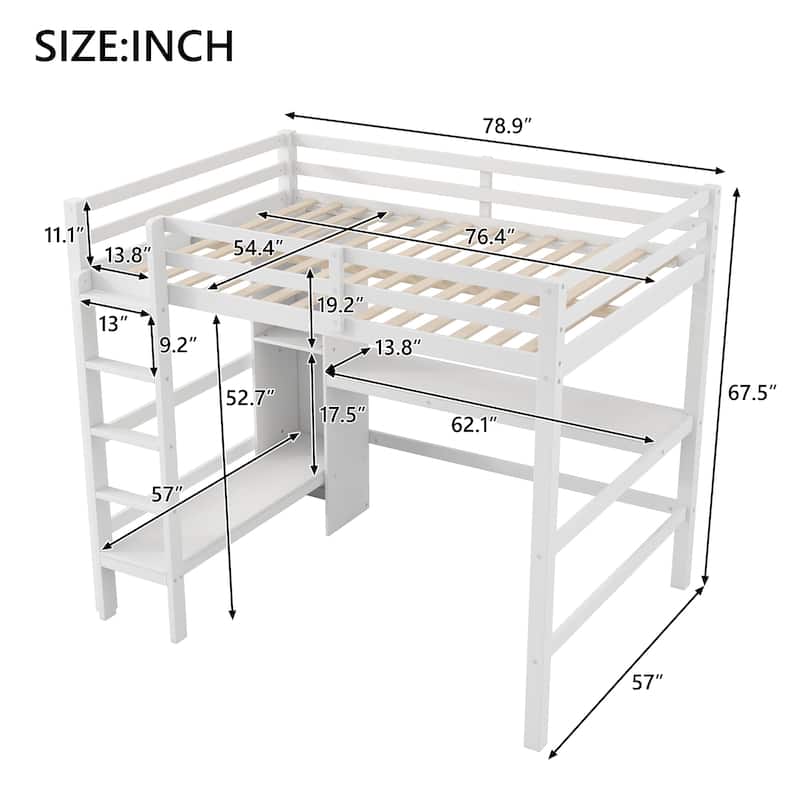 Full Size Loft Bed with Multi-Use Shelving & Underbed Study Desk ，Space-Saving College Dorm Bed with Storage Shelves