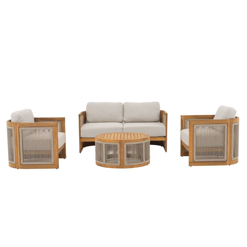 Outdoor 4-Piece Wood Sofa Set With Round Coffee Table