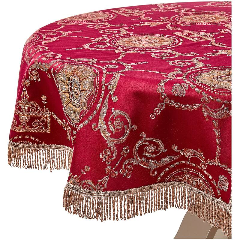 Violet Linen Prestige Medallion Damask Pattern, Polyester Jacquard, with Fringes, Tablecloth - 60" Round - Burgundy
