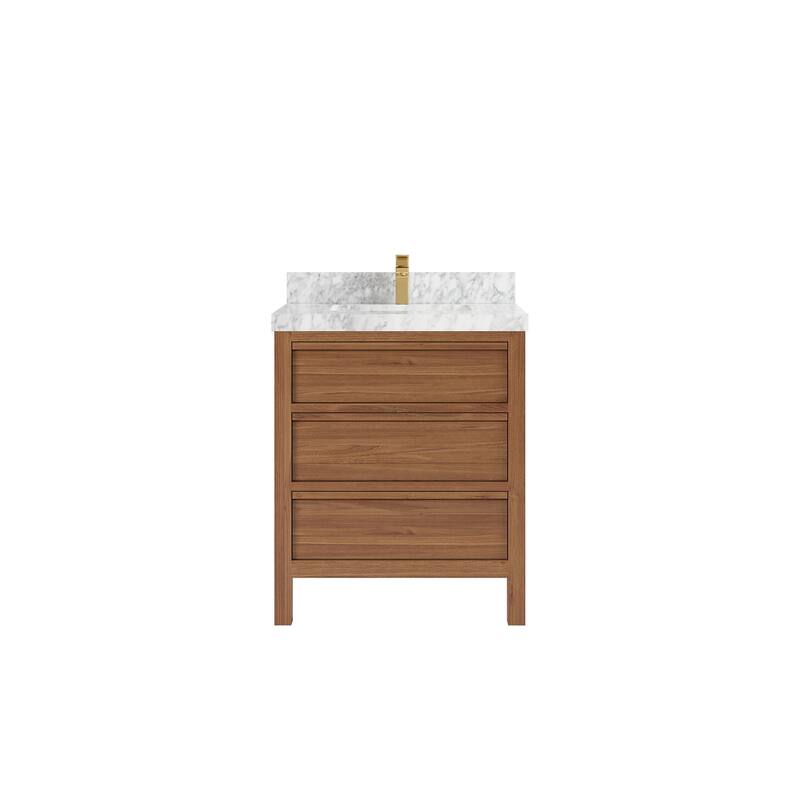 Willow Collections 30 in. W x 22 in. D Elizabeth Solid Teak Wodd Single Sink Bathroom Vanity with Countertop - 2”Carrara Marble - Dark Natural