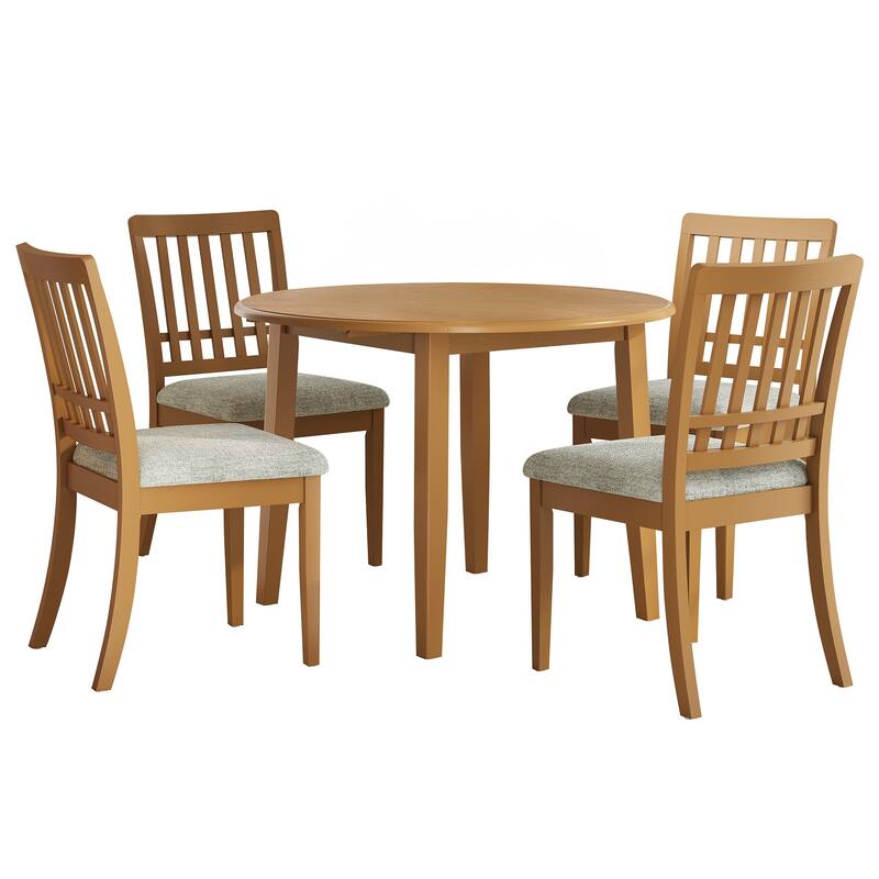 5-Piece Round Dining Table Set for 4 People, 1 Folding Wood Dining Table + 4 Upholstered Chairs, for Small Apartments