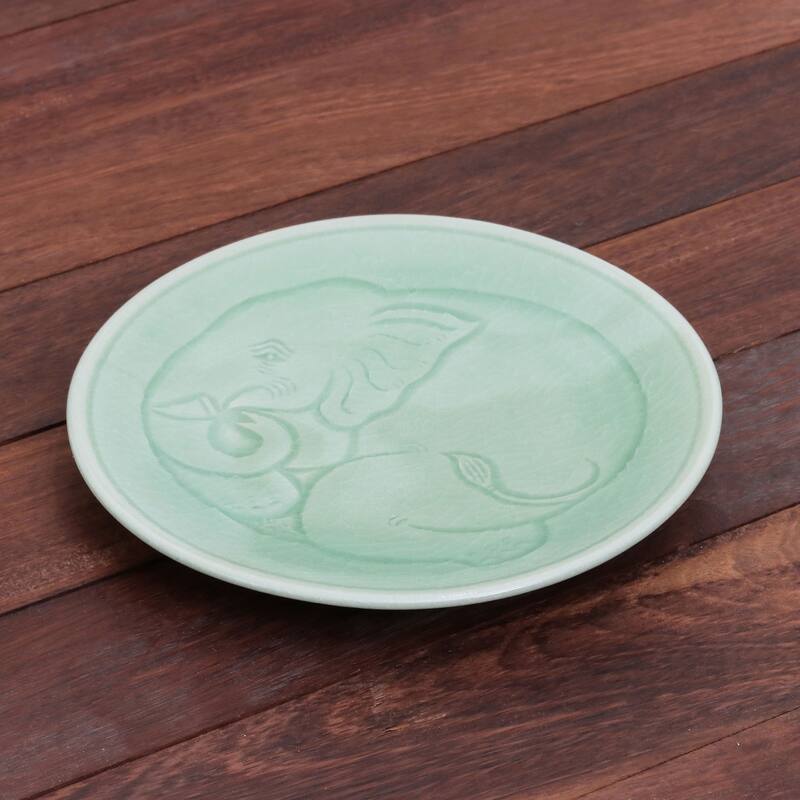 Novica Handmade Sleeping Elephant Celadon Ceramic Dessert Plate