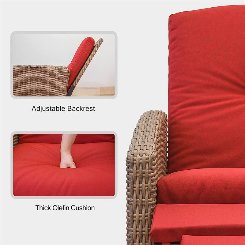 GDFStudio - Wicker Reclining Patio Chair, All-Weather Outdoor Recliner with Red Cushion for Ultimate Relaxation
