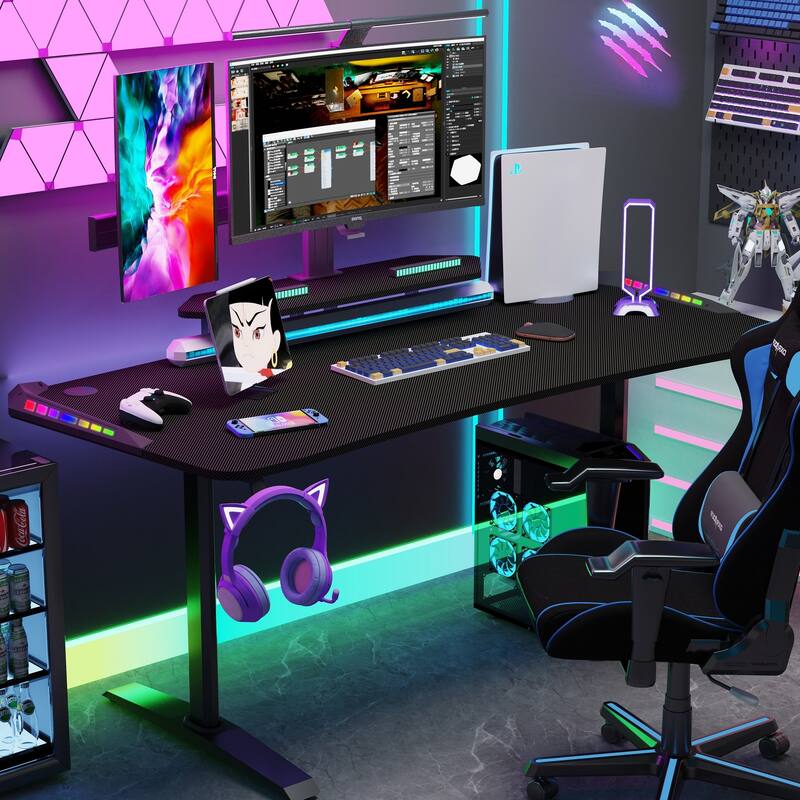 71" Gaming Table Office Computer Desk Gamer Workstation with Monitor Shelf LED Light Mouse Pad