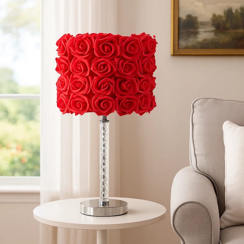 Bloom Roses Drum Shade Table Lamp with Twisted Acrylic Base, Red