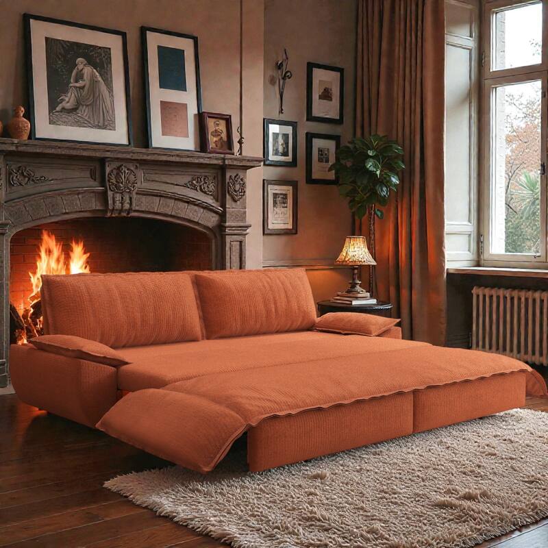 73.2" Pull Out Sofa Bed, 3-in-1 Convertible Queen Sleeper Sofa, Velvet Loveseat Couch for Living Room Bedroom - Orange