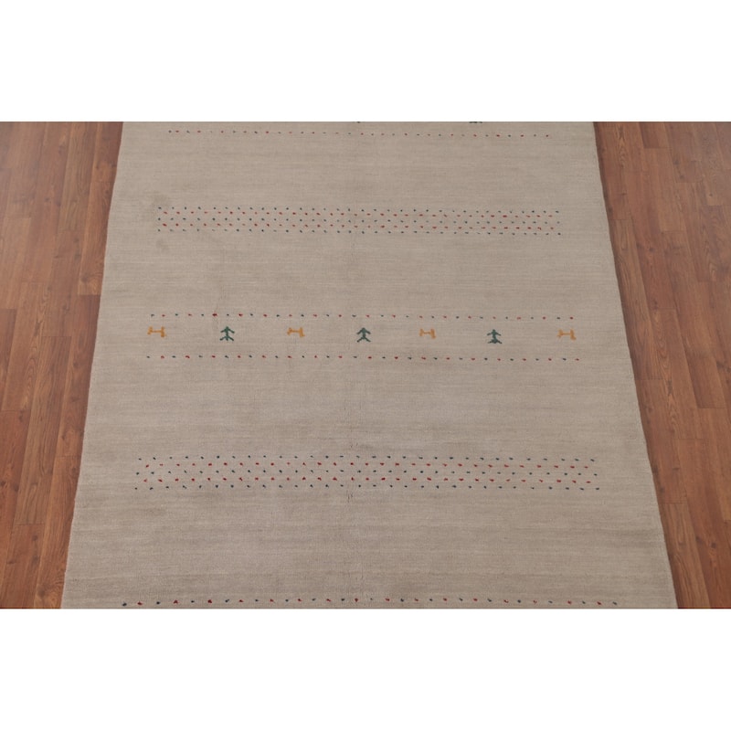 Oriental Gabbeh Area Rug Hand-Knotted Tribal Beige Wool Carpet - 5'3"x 7'6"