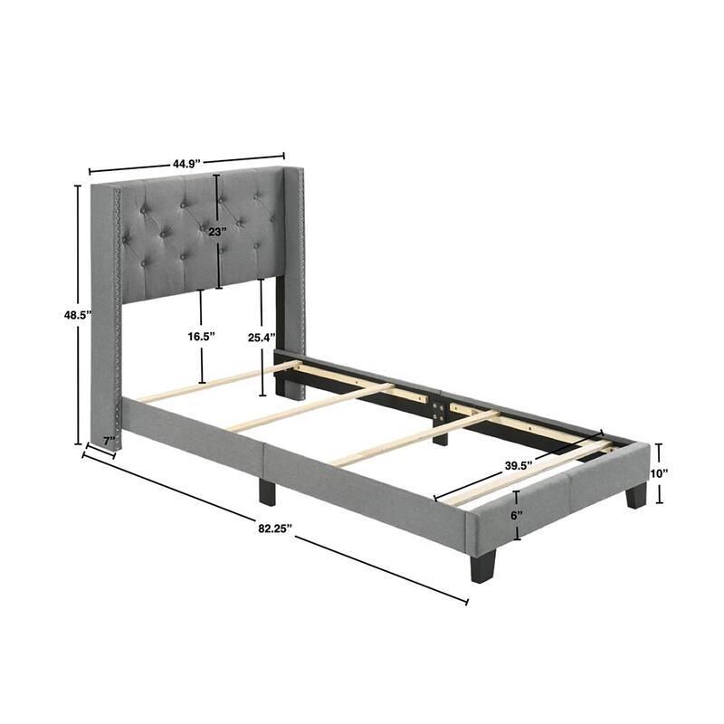 Twin Size Wingback Gray Polyester Fabric Button-tufted Nailhead Trim French Country Style Bed