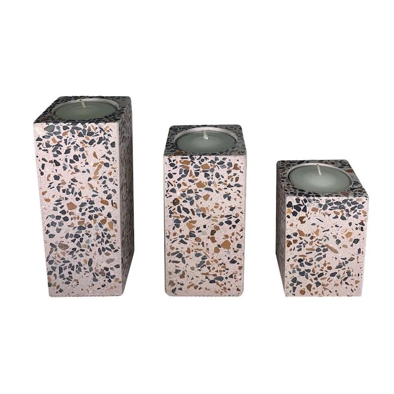 Set of Three Pink Cement Block Tealight Candlesticks with Splattering
