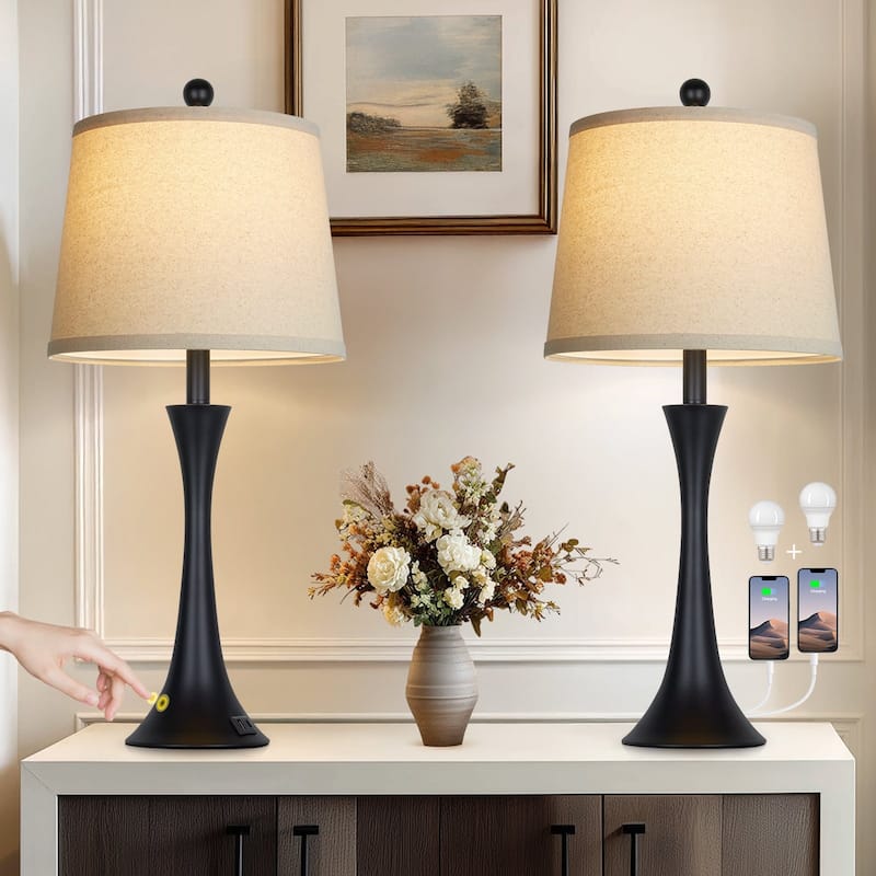 26" Orange Spot Glass Table Lamp with USB Charging Station & Touch Control (Set of 2) - 12'' x 12'' x 27.5''