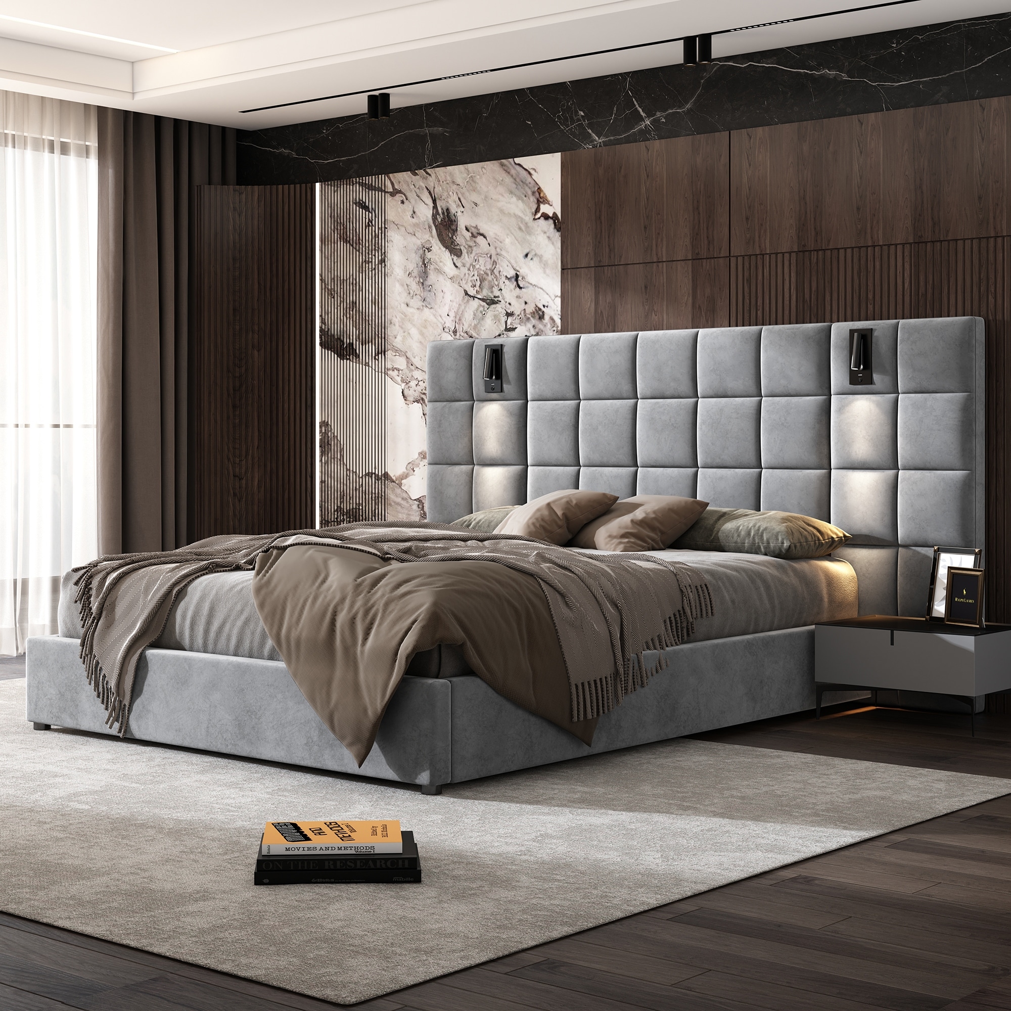 Christopher Knight Home Modern Upholstered Velvet Platform Bedframe & Headboard with Lamps and USB Ports