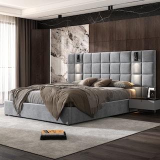 Christopher Knight Home Modern Upholstered Velvet Platform Bedframe & Headboard with Lamps and USB Ports, Grey