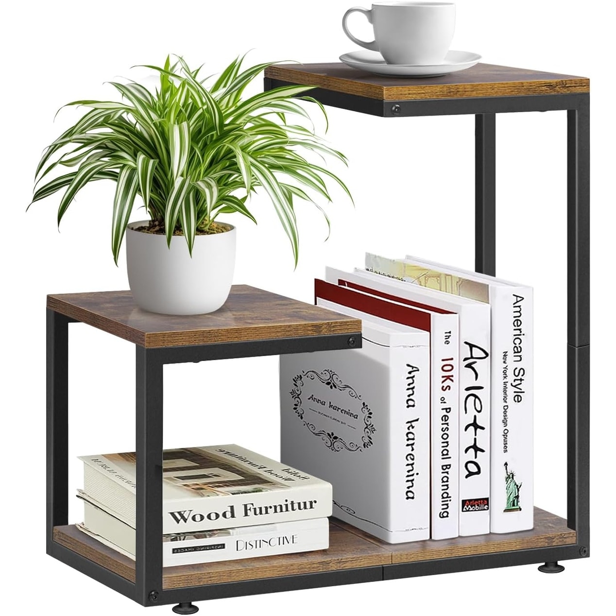 G-Shaped 3-Tier Side Table with Metal Frame for Living Room or Bedroom