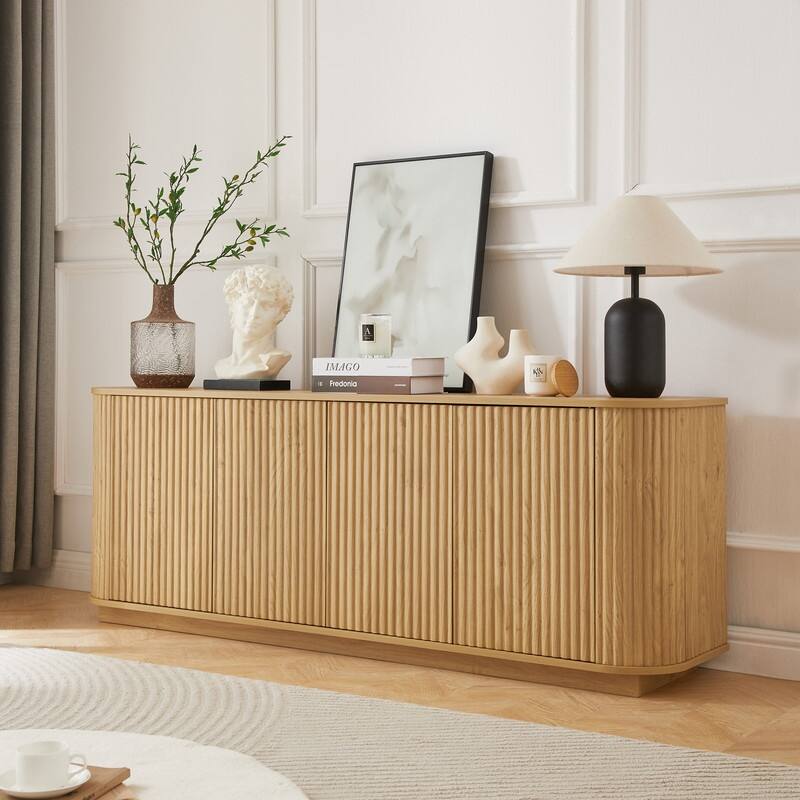 Wave-Patterned Sideboard Storage Cabinet - Wooden TV Stand With Vertical Stripes For Kitchen, Bedroom Or Entryway