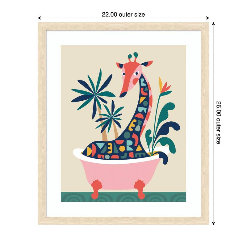 Kate and Laurel Framed Art Mid Century Modern Giraffe in Bathtub by Rachel Lee