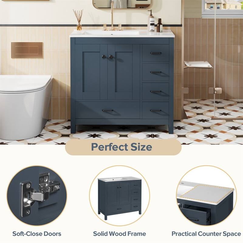 36'' Bathroom Vanity with Ceramic Sink Combo, Modern Bathroom Vanity Cabinet with 2 Soft Close Doors and 5 Storage Drawers