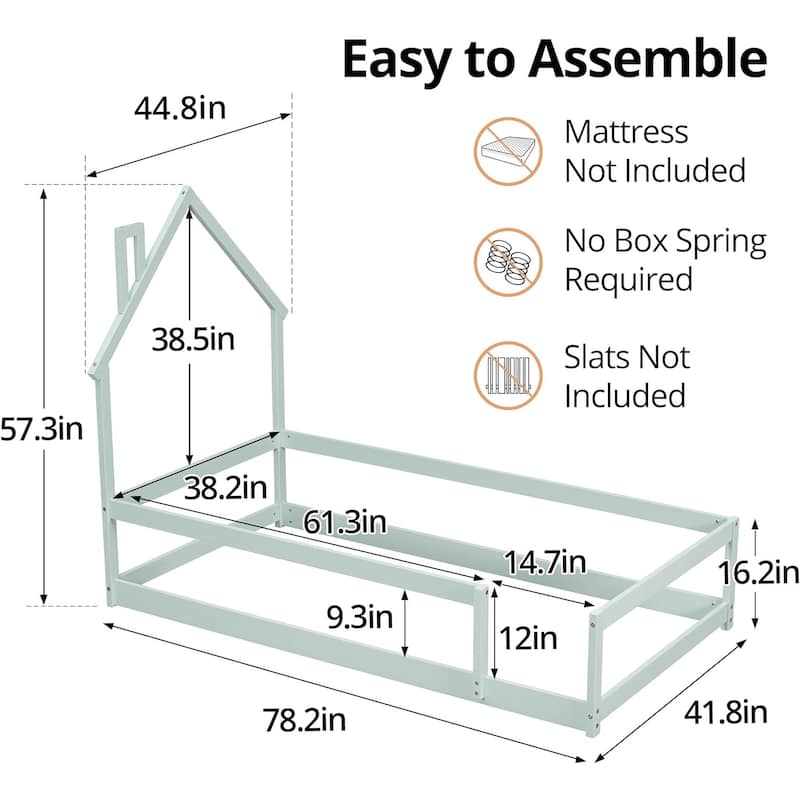 Twin Size House-Shaped Headboard Floor Bed with Fences