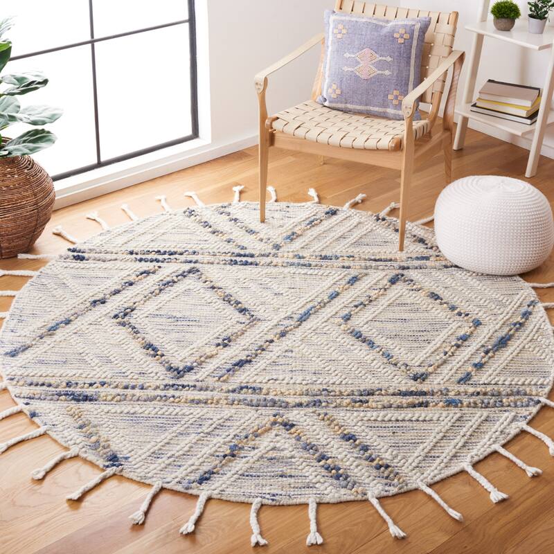 SAFAVIEH Handmade Natura Esterina Boho Jute & Wool Braided - 6' x 6' Round - Ivory/Blue - Round