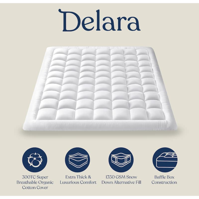 Delara 100% Organic Cotton Mattress Pad, GOTS Certified Organic Cotton Shell, 1350 GSM Snow Down Alternative Fill, Ultra Soft
