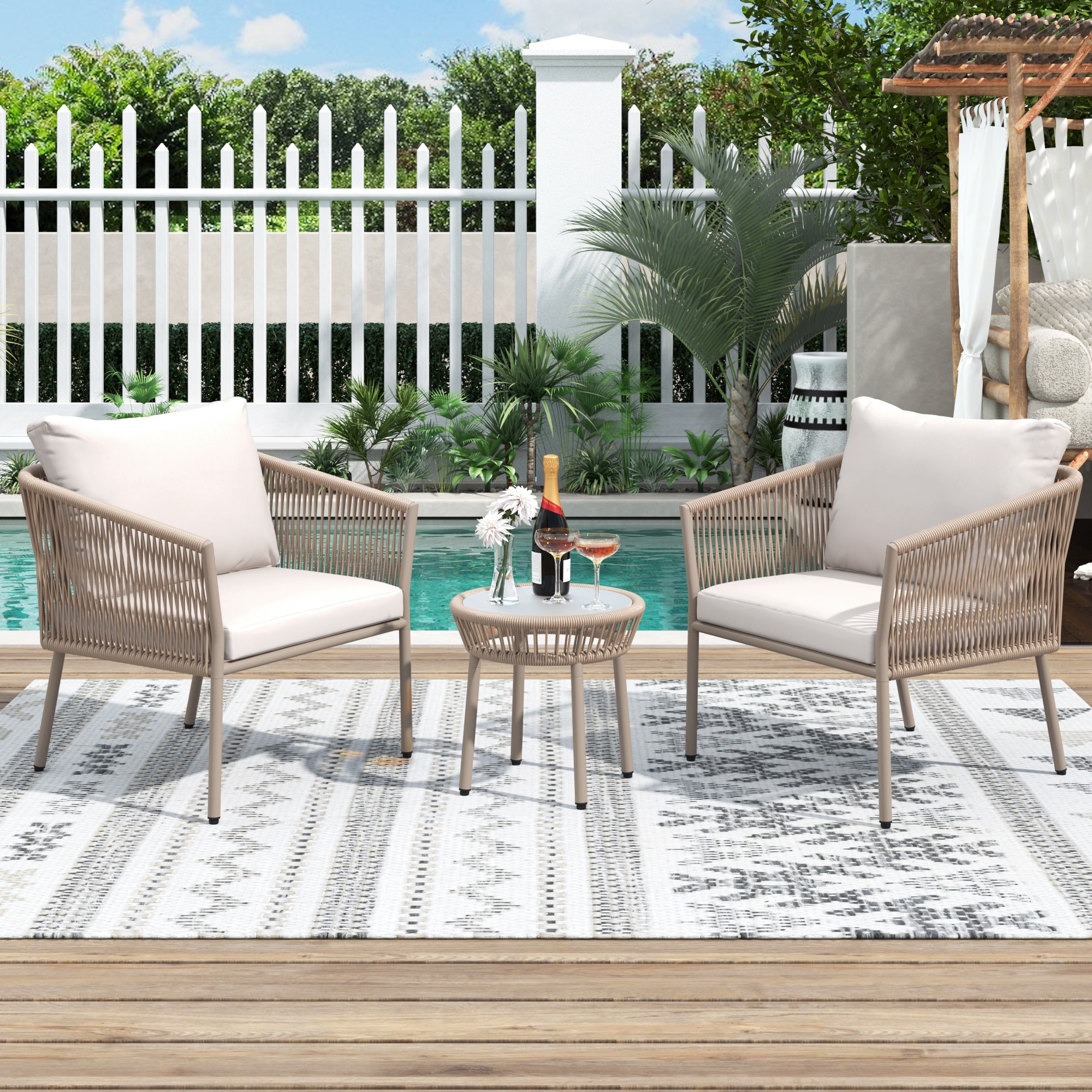 Outdoor Woven Rope Chair Set, Including 2 Single Chairs and 1 Coffee Table  - Bed Bath & Beyond - 37503846