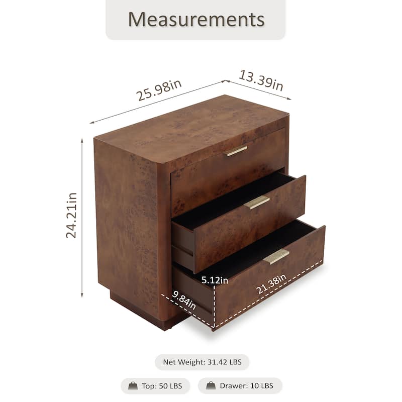 COZAYH Burl Finish Nightstand, Rustic Farmhouse Dresser, Vintage Accent Wood Storage Bedside Table, Fully Assembled